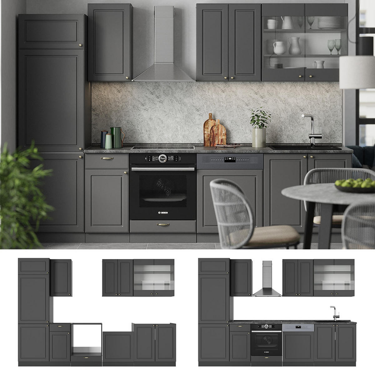 KUCHYŇSKÝ KOUT Fame-Line Anthrazit-Gold Landhaus - antracitová, kompozitní dřevo (300/81.6/60cm) - Vicco