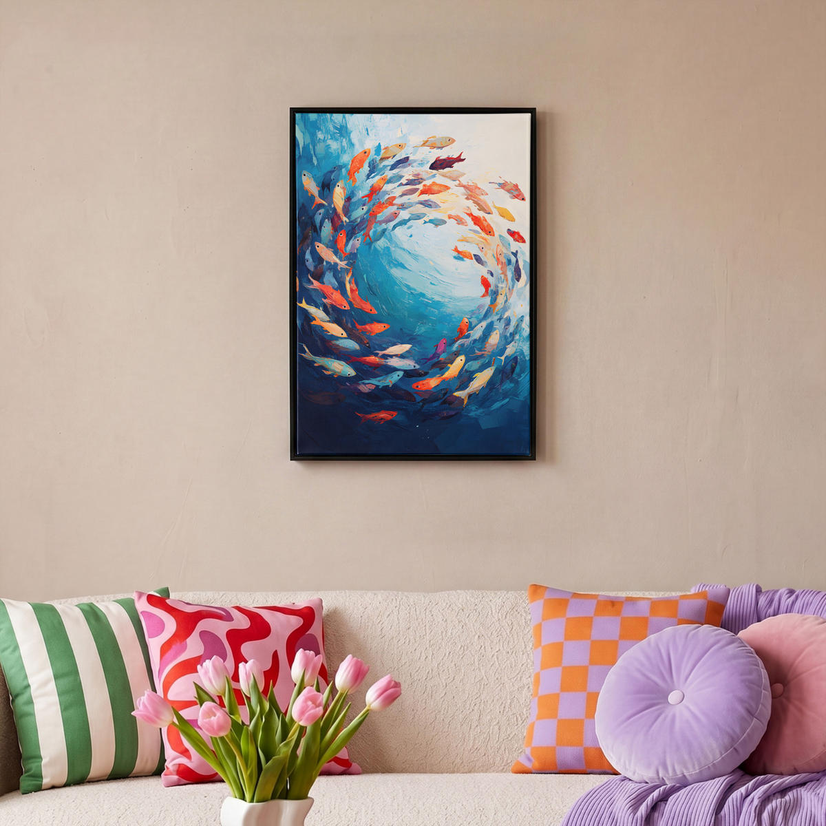 LEINWAND Bilder mit Rahmen - Meer - Fische - Bunt - Dynamisch - 40x60 - Hellblau, Textil (40/60cm) - MuchoWow