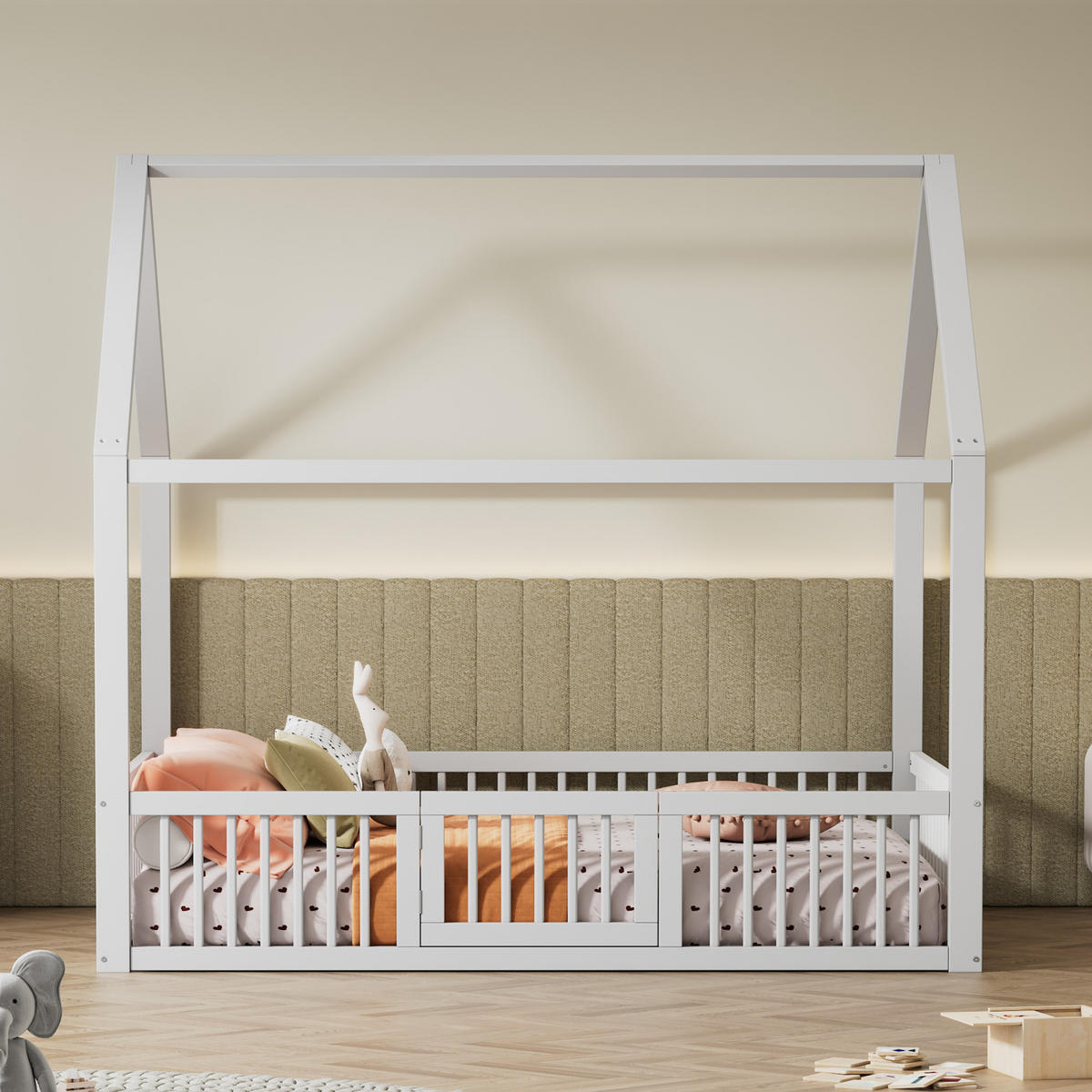 HAUSBETT 140/200 cm Weiß mit Türchen aus Kiefernholz - Weiß, Holz (140/200cm) - OKWISH