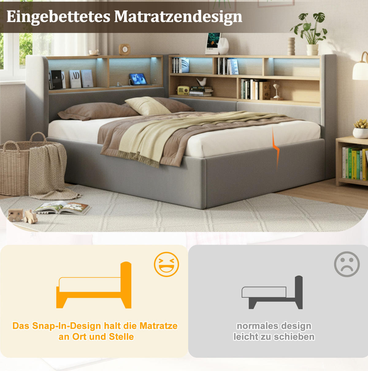 STAURAUMBETT 140/200 cm Grau mit Hydraulik, LED, USB, ohne Matratze - Grau, Textil (140/200cm) - MIVRAY