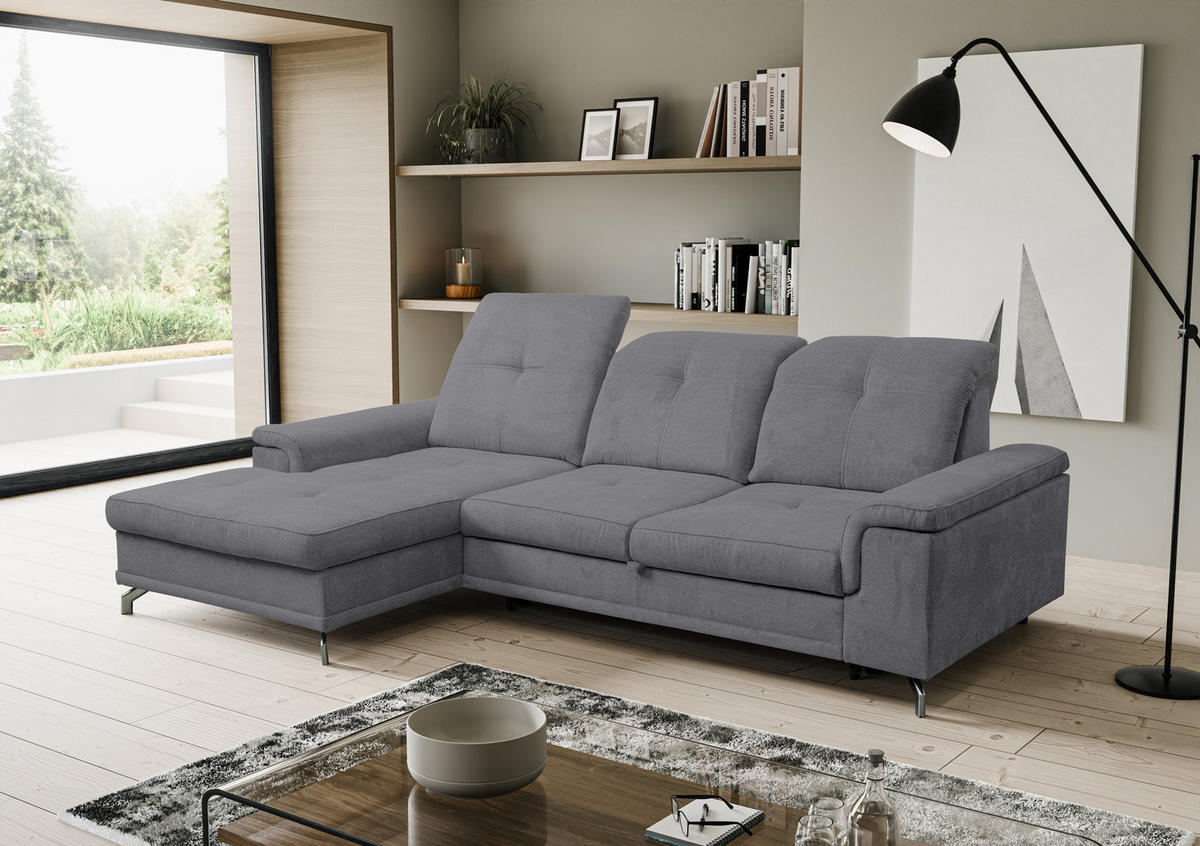 ECKSOFA PANAMA mit Schlaffunktion und Bettkasten, Farbe: Dunkelgrau, Velourstoff, Ottomane Links - Dunkelgrau, Textil (270/180cm) - VENASI MÖBEL