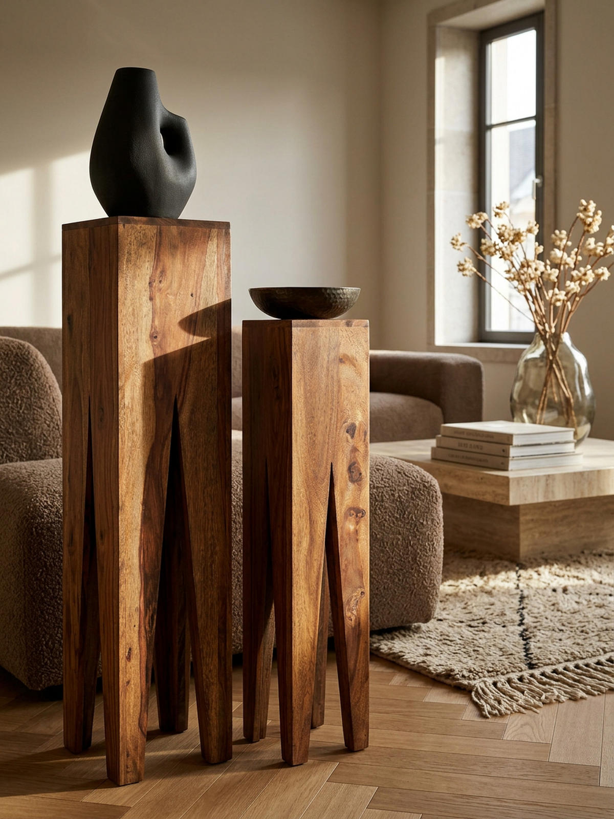 BEISTELLTISCH 3er Set Massivholz Handgefertigt Giraffenbeine, Braun 25x25x100 cm - Braun, Holz (25/25/100cm) - KADIMA DESIGN