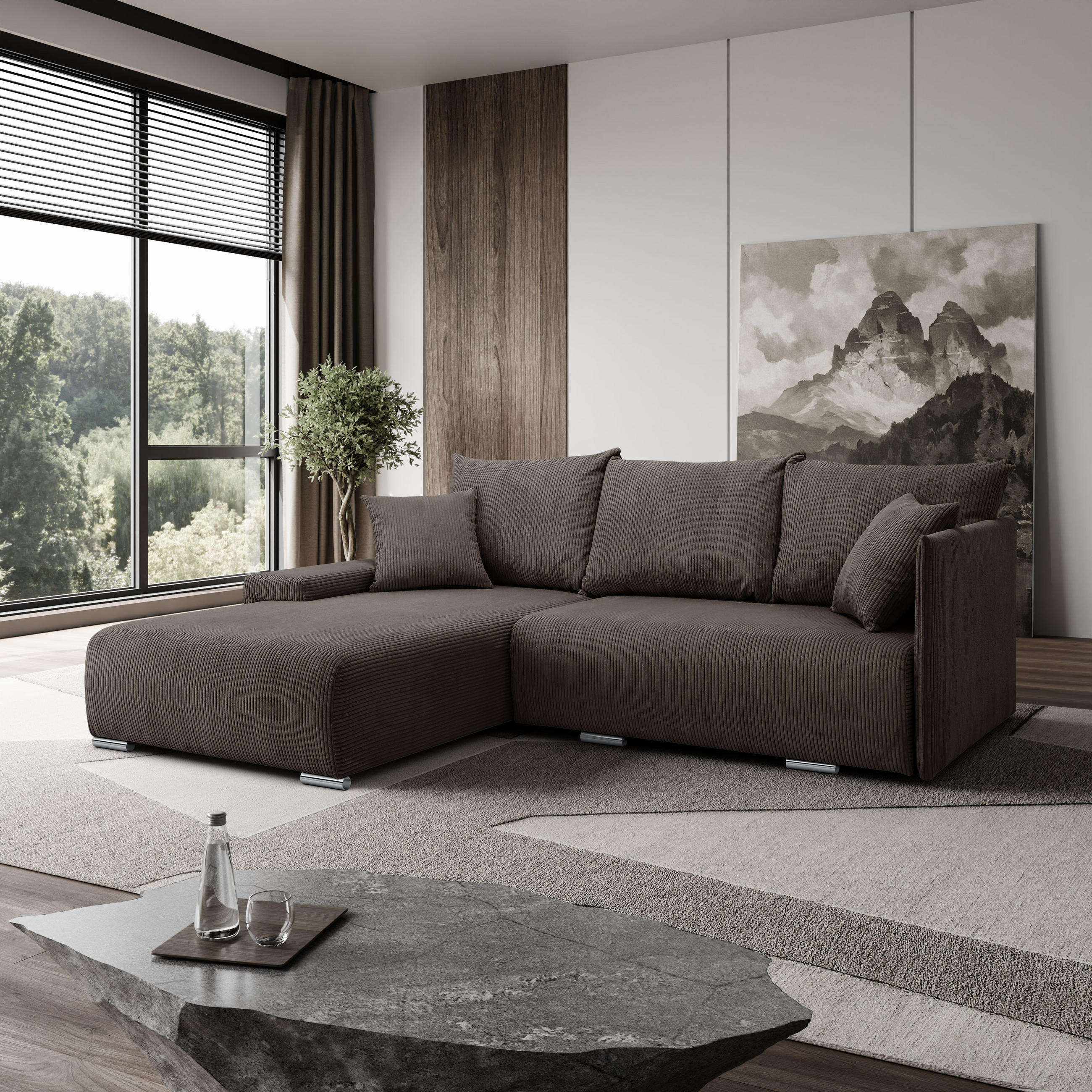 ECKSOFA L-Form Schlaffunktion Livorno Cord-Stoff Braun Links - Chromfarben/Schwarz, Holz/Kunststoff (188/246cm) - Kaiser Möbel