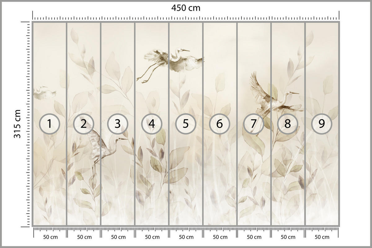 FOTOTAPETE Vögel Blätter Wiese Retro Stil 450x315 - Beige, Papier (450/315cm) - Muralo