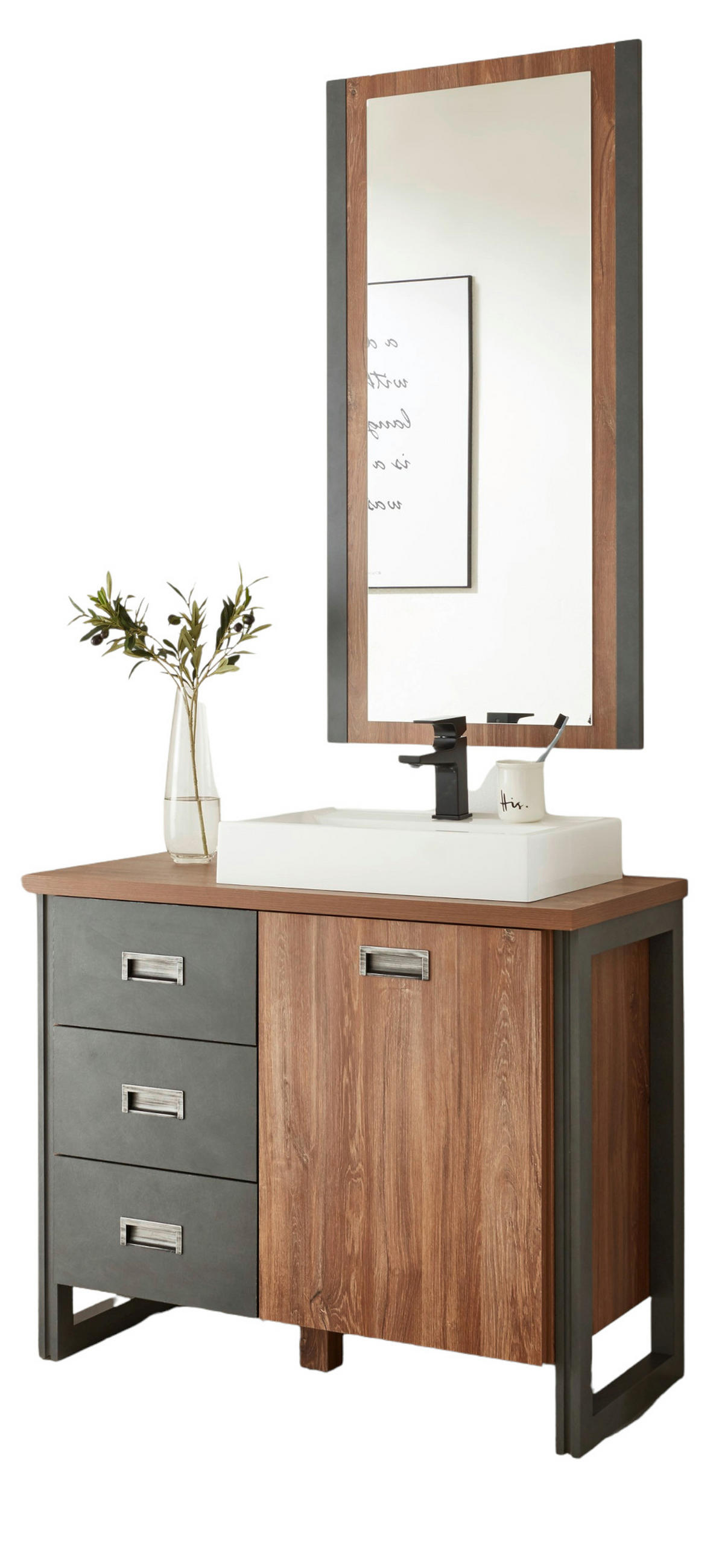 BADMÖBEL-SET 3-teilig Eiche Stirling, Matera grau, Badkombination MIT Waschbecken 91 x 205 cm - Eichefarben/Grau, Holzwerkstoff (91/205/40cm)