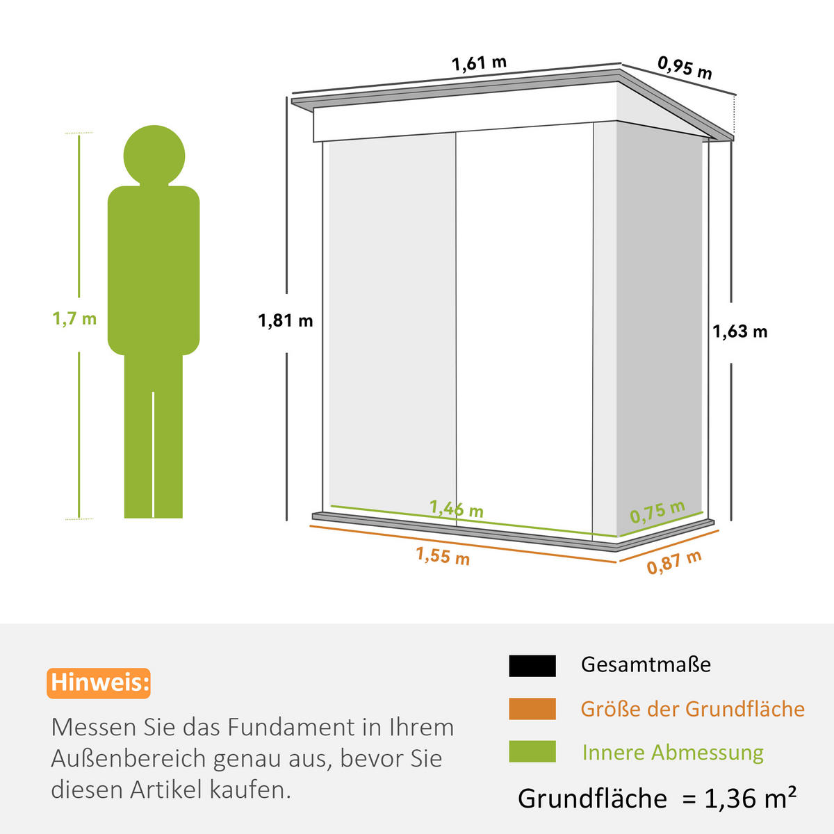 METALL Gerätehaus 1,36m² 161 x 95 x 181cm Geräteschuppen mit Pultdach Fundament - Grau, Metall (95/181/161cm) - Outsunny