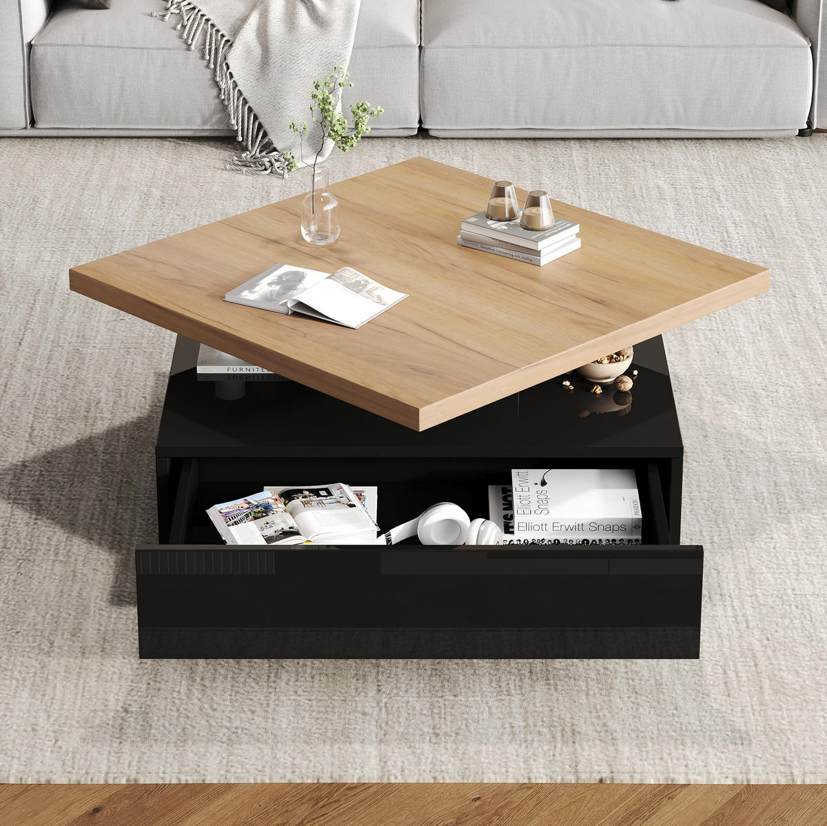 COUCHTISCH 70/70/36 cm in Walnuss/Schwarz mit Drehplatte und Schublade - Schwarz, Holzwerkstoff (70/70/36cm) - Flora Grace