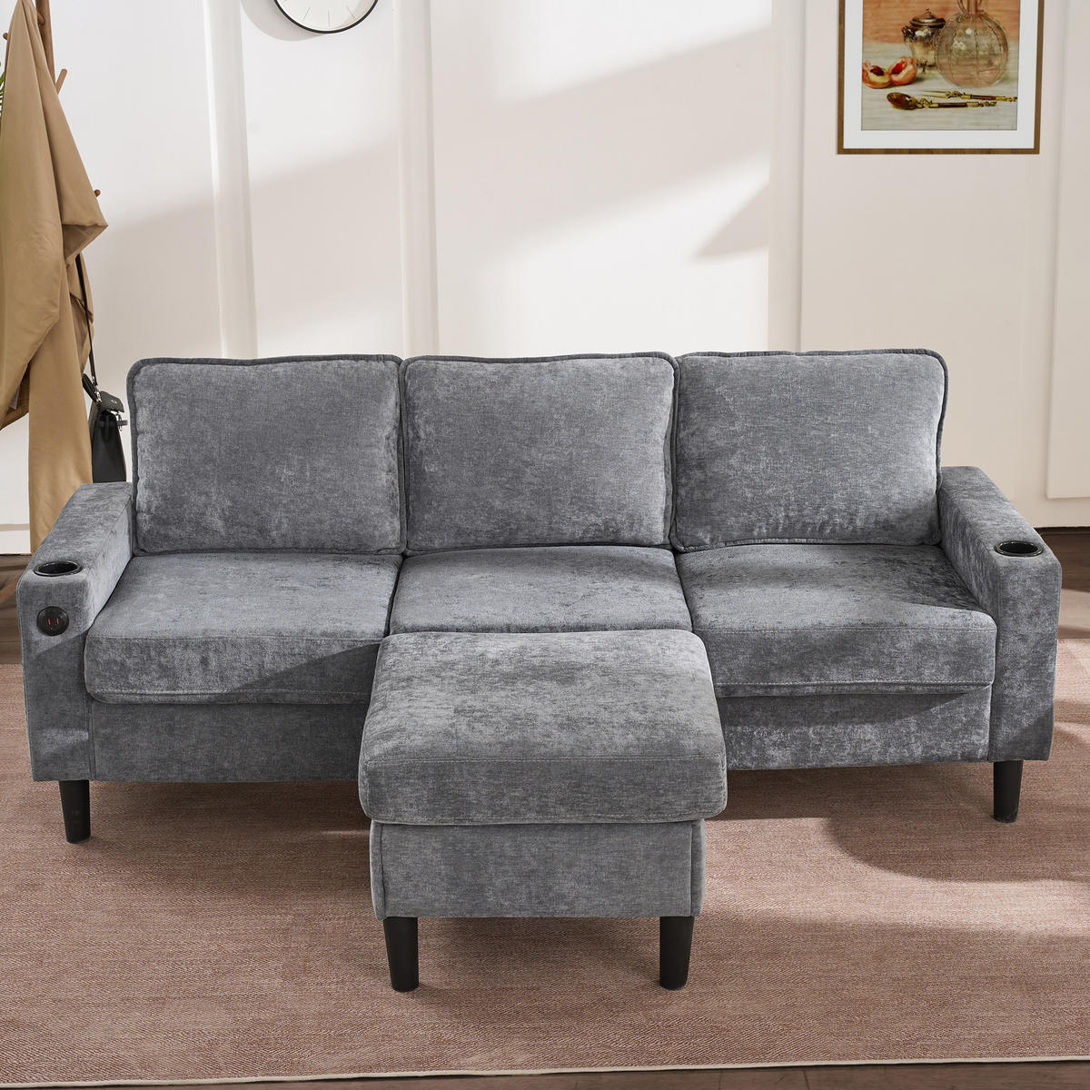 ECKSOFA 202/137/80 cm Grau mit USB-, Typ-C-Anschlüssen, 2 Getränkehaltern und 1 Fußhocker - Grau, Textil (202/137cm) - Oxeza