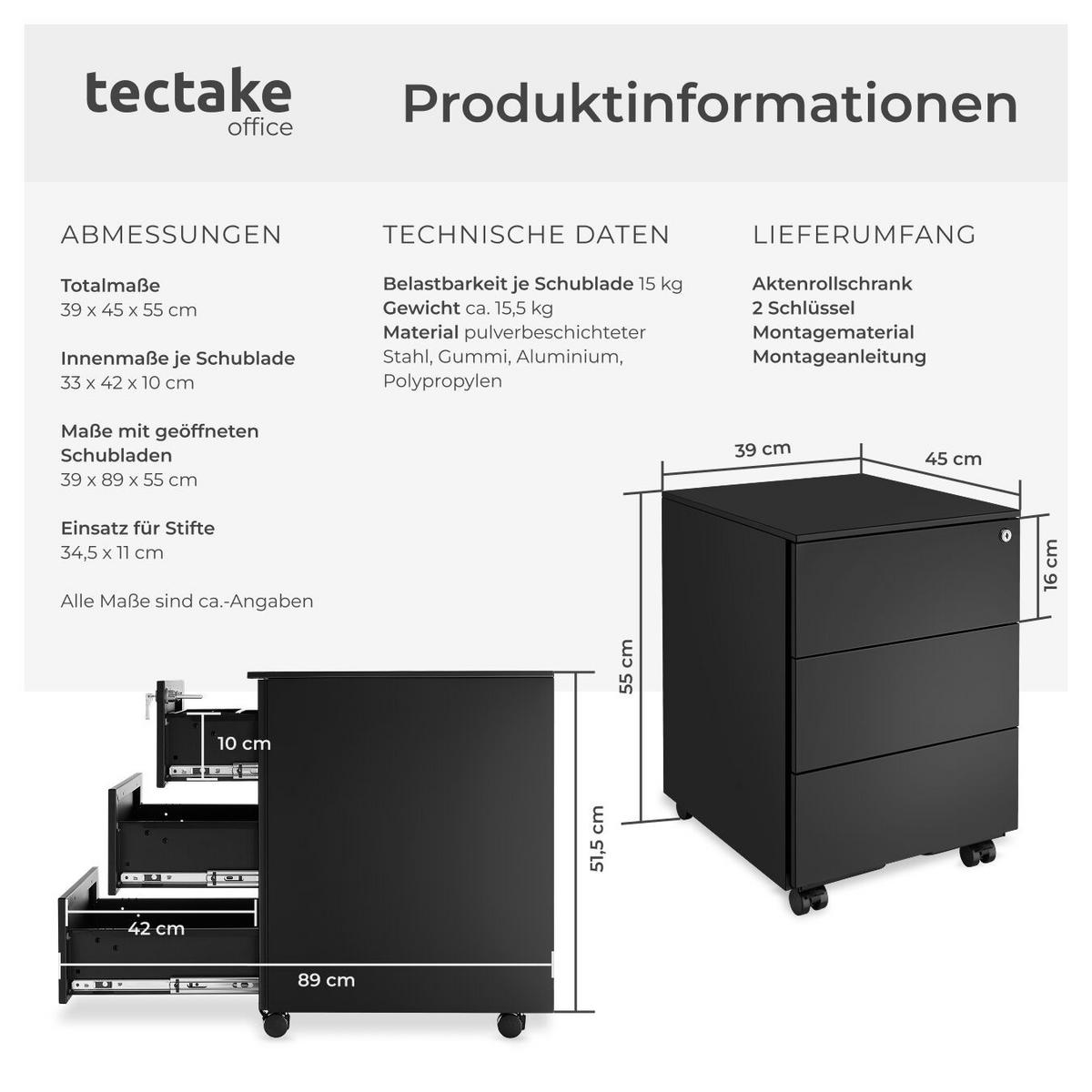 AKTENROLLSCHRANK Magna,39 x 45 x 55 cm,schwarz - Schwarz, Textil (39/55/45cm) - tectake