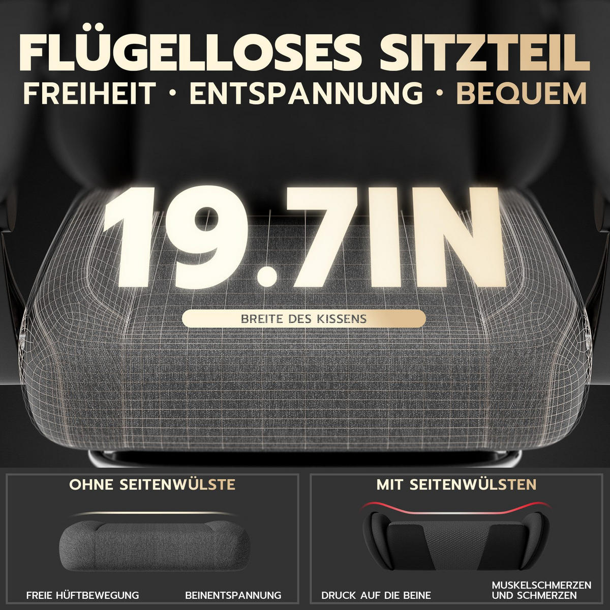 GAMING-STUHL ergonomischer, Bürostuhl mit Fußstütze & Lendenstütze - Grau, Textil (65/114/65cm)