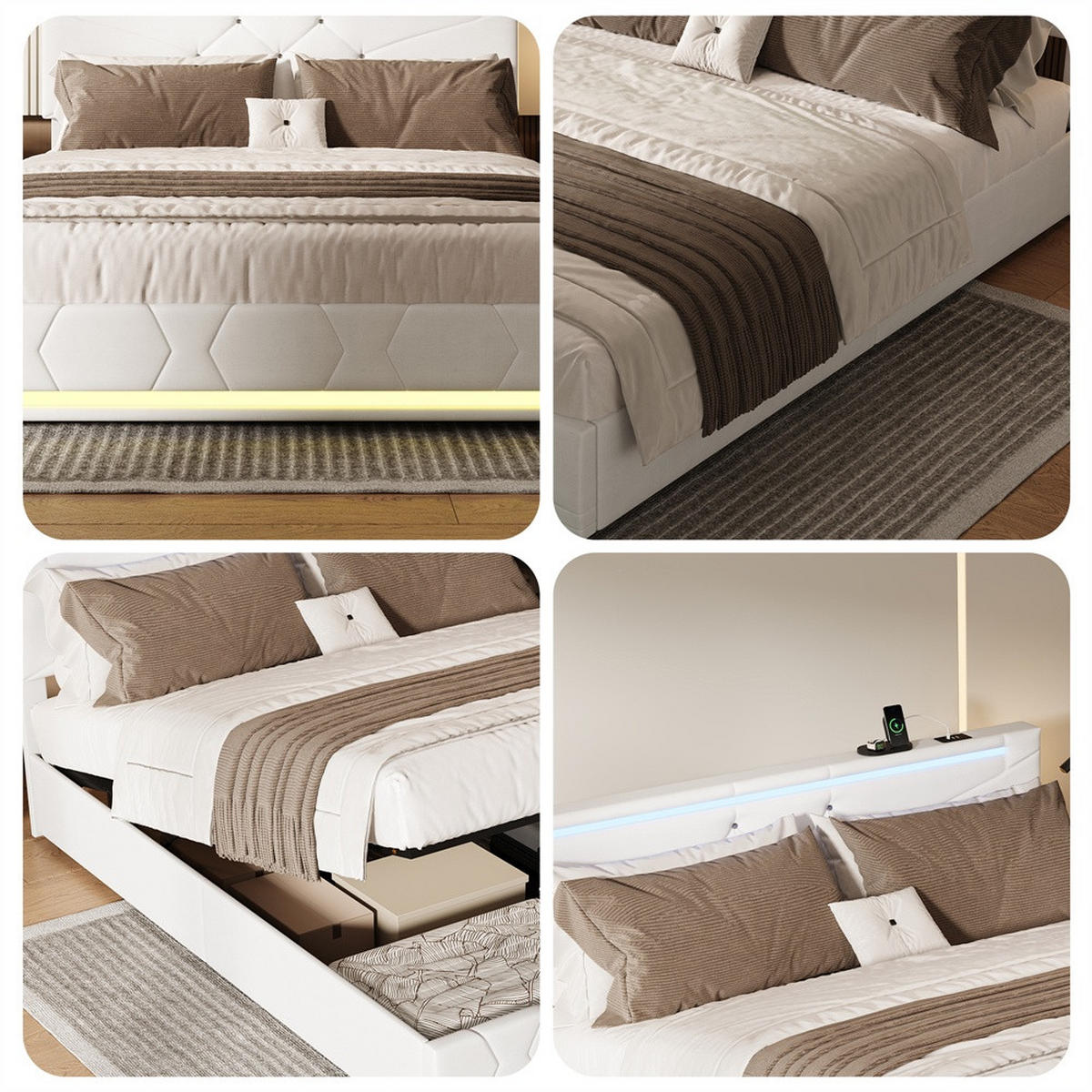 POLSTERBETT 140x200 cm mit LED-Beleuchtung&USB-Ladefunktion -höhenverstellbarem Kopfteil und hydraulischem Stauraum - Beige, Textil (140/200cm) - DELFA