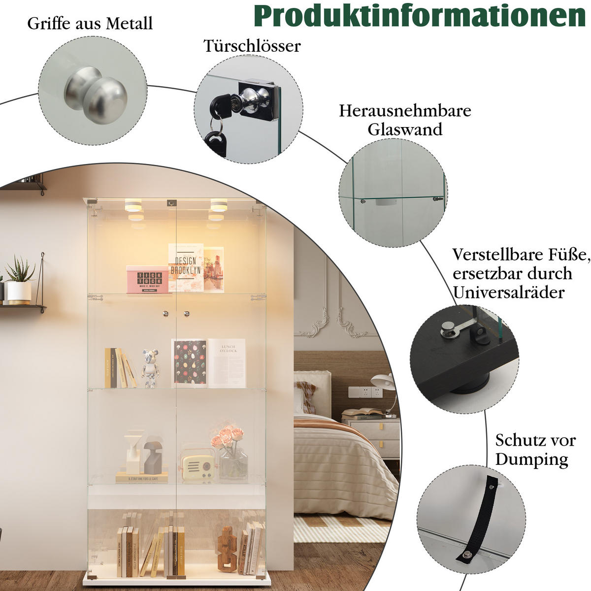 GLASVITRINE LED mit 2 Türen, 4 Regalen, Schloss, Weiß für Wohnzimmer - Weiß, Holz (35/163/78.5cm)