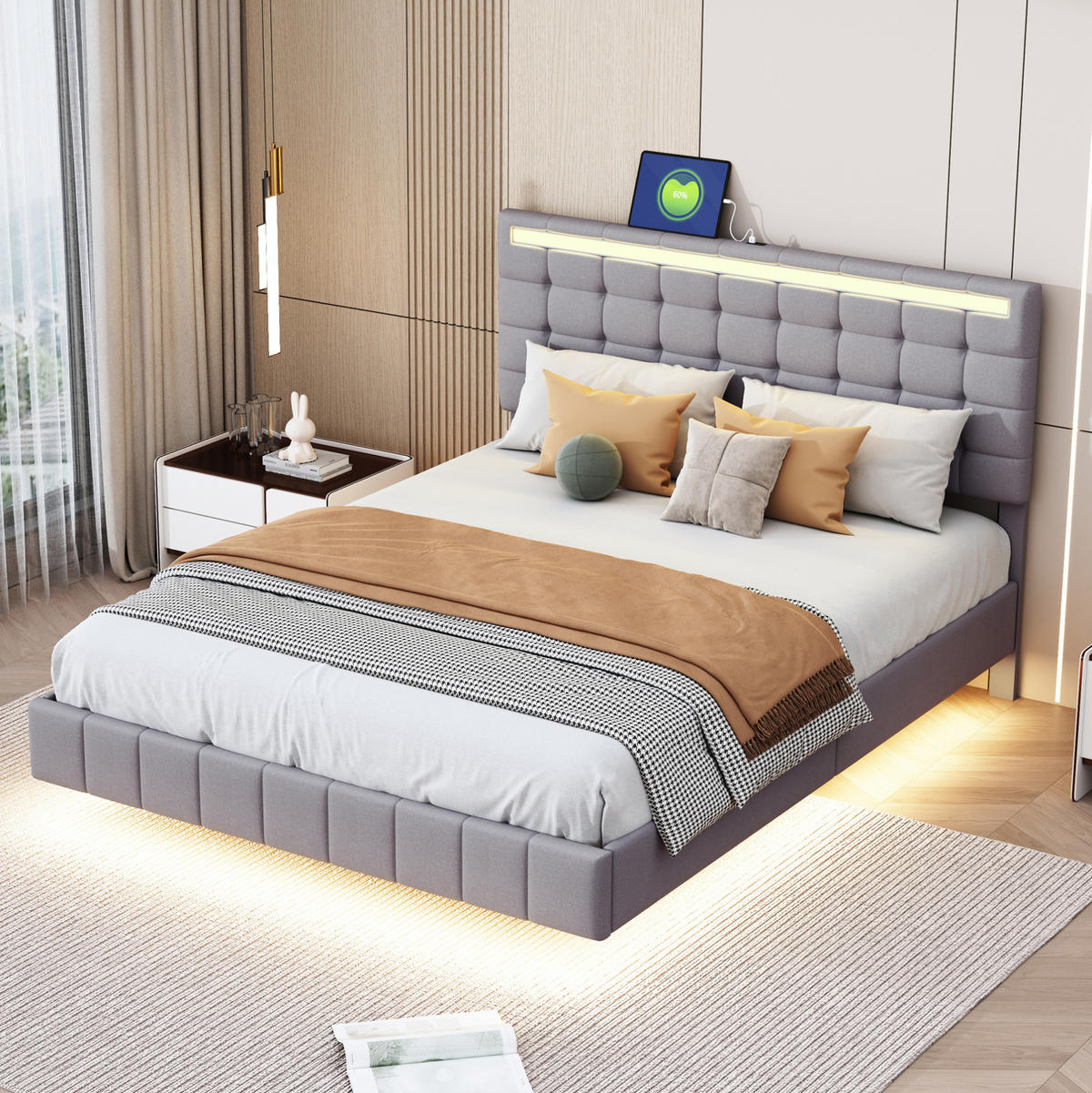 ČALÚNENÁ posteľ 140/200 cm, sivá, s LED osvetlením a skrytými nohami - sivá, textil (140/200cm) - BEAOK