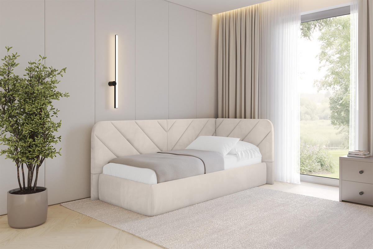EINZELLBETT Jugendbett mit Bettkasten und Matratze H3/H4, Links - FIKY 90x200 Beige - Ecru, Holzwerkstoff/Textil (90/200cm) - ALTDECOR