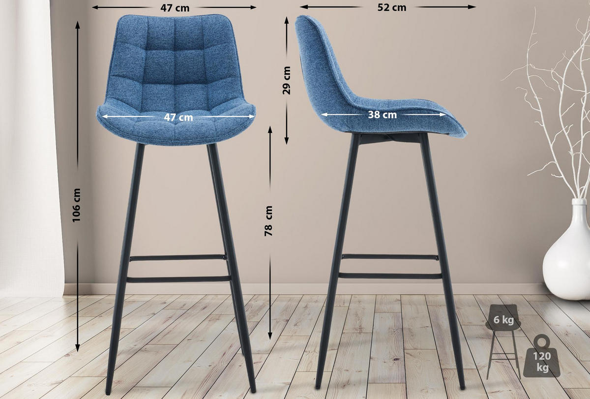 BARHOCKER 2er Set Stoff blau - Blau/Schwarz, Textil/Metall (47/106/52cm) - CLP