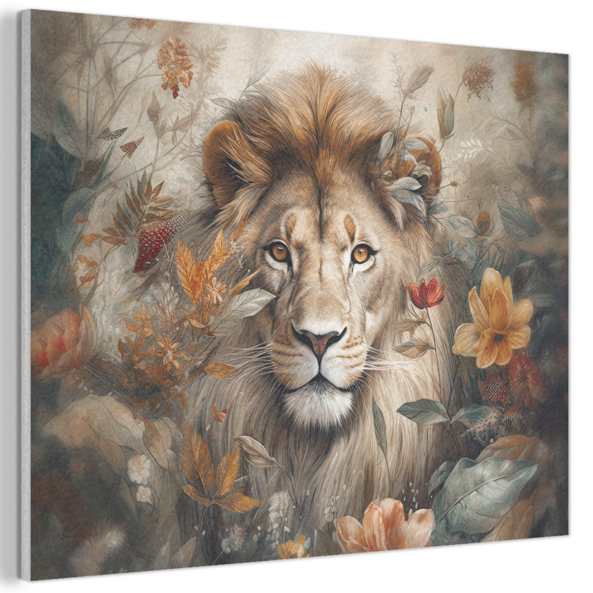 AKUSTIKBILD Löwe - Wildtiere - Pflanzen - Natur - Blumen Wandbild Wohnzimmer 100x70 cm - Beige, Kunststoff (100/70/0.9cm) - MuchoWow