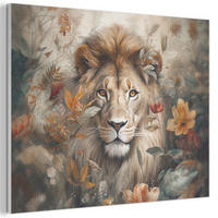 AKUSTIKBILD Löwe - Wildtiere - Pflanzen - Natur - Blumen Wanddeko 70x50 cm - Beige, Kunststoff (70/50/0.9cm) - MuchoWow