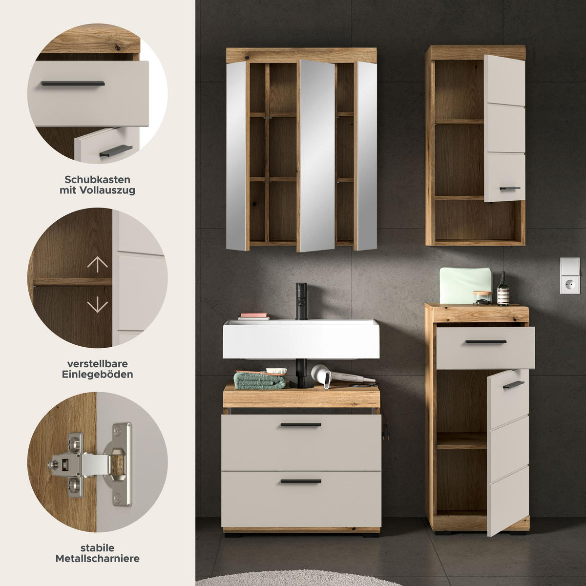 BAD-SET SCOUT 4-tlg. (B/H/T: ca. 112/191/34 cm) in Evoak Oak Nachbildung/- - Eichefarben, Holz (112/191/34cm)