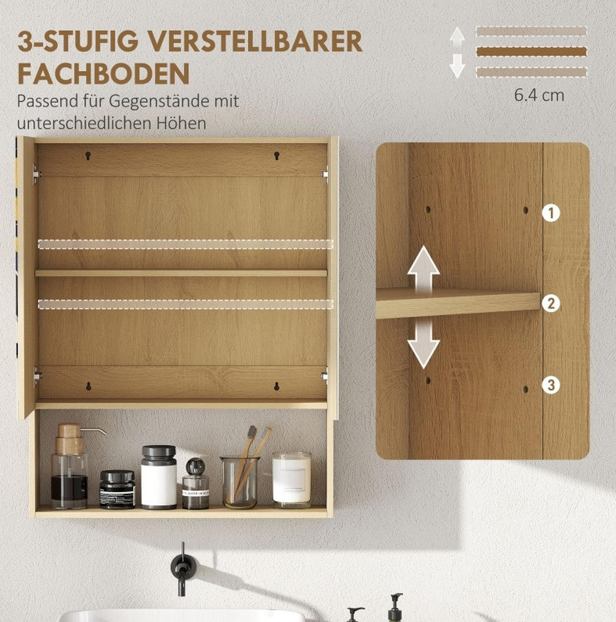 BADEZIMMER Hängeschrank 60x16.6x75 cm Eiche mit Doppelspiegel & verstellbarem Regal - Eichefarben, Glas (60/75/16.6cm) - Modfu