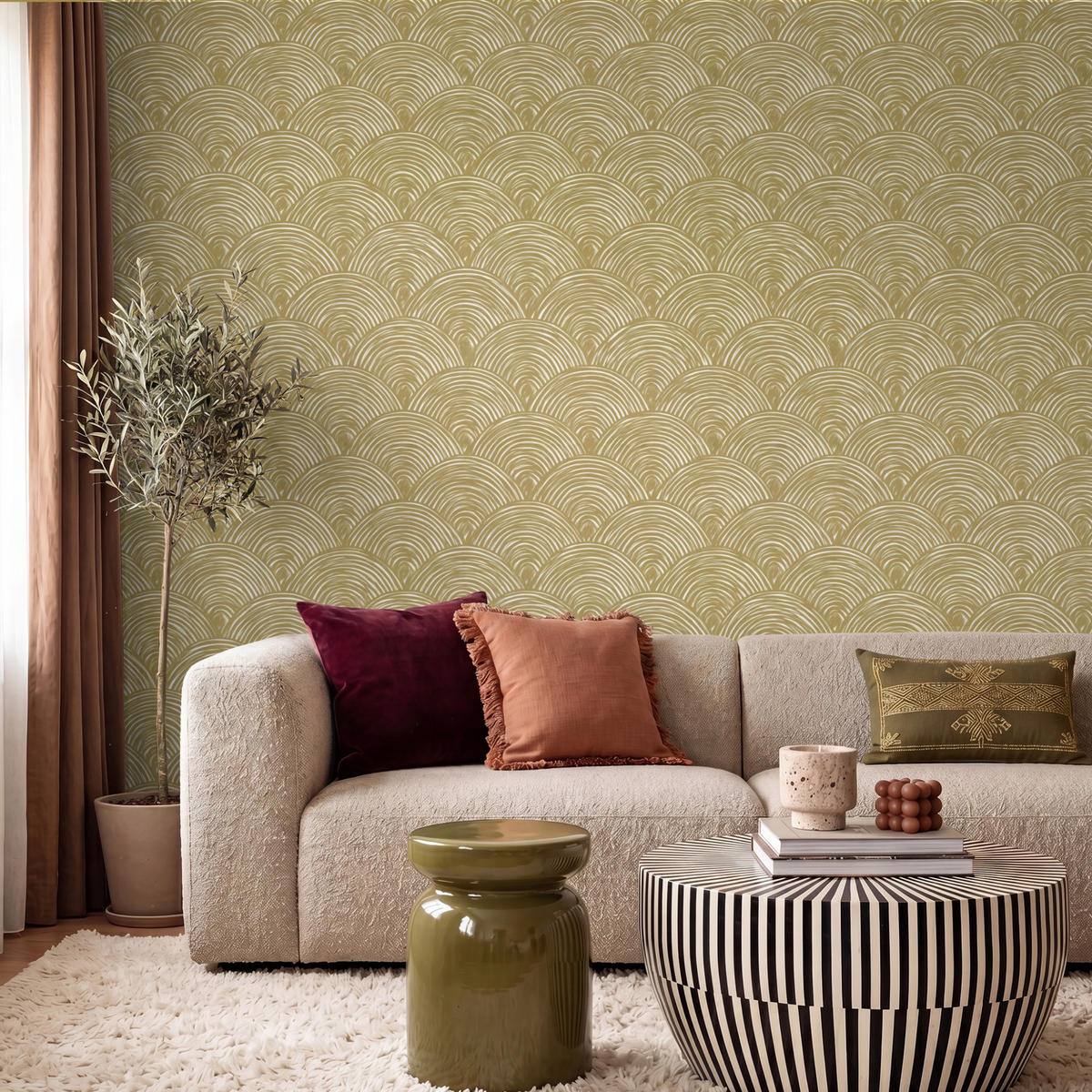 TAPETE - Fächer - Geometrisch - Grün - 240x200 cm - Goldfarben, Papier (240/200cm) - OnlyWow