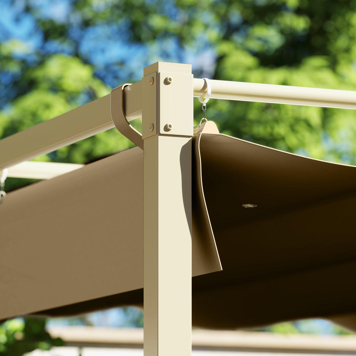 3 x 3 m Garten-Pergola mit einziehbarem Dach, Pavillon, Baldachin für Schatten, UPF30+, Khaki - Gelb, Metall (298/221/297cm)