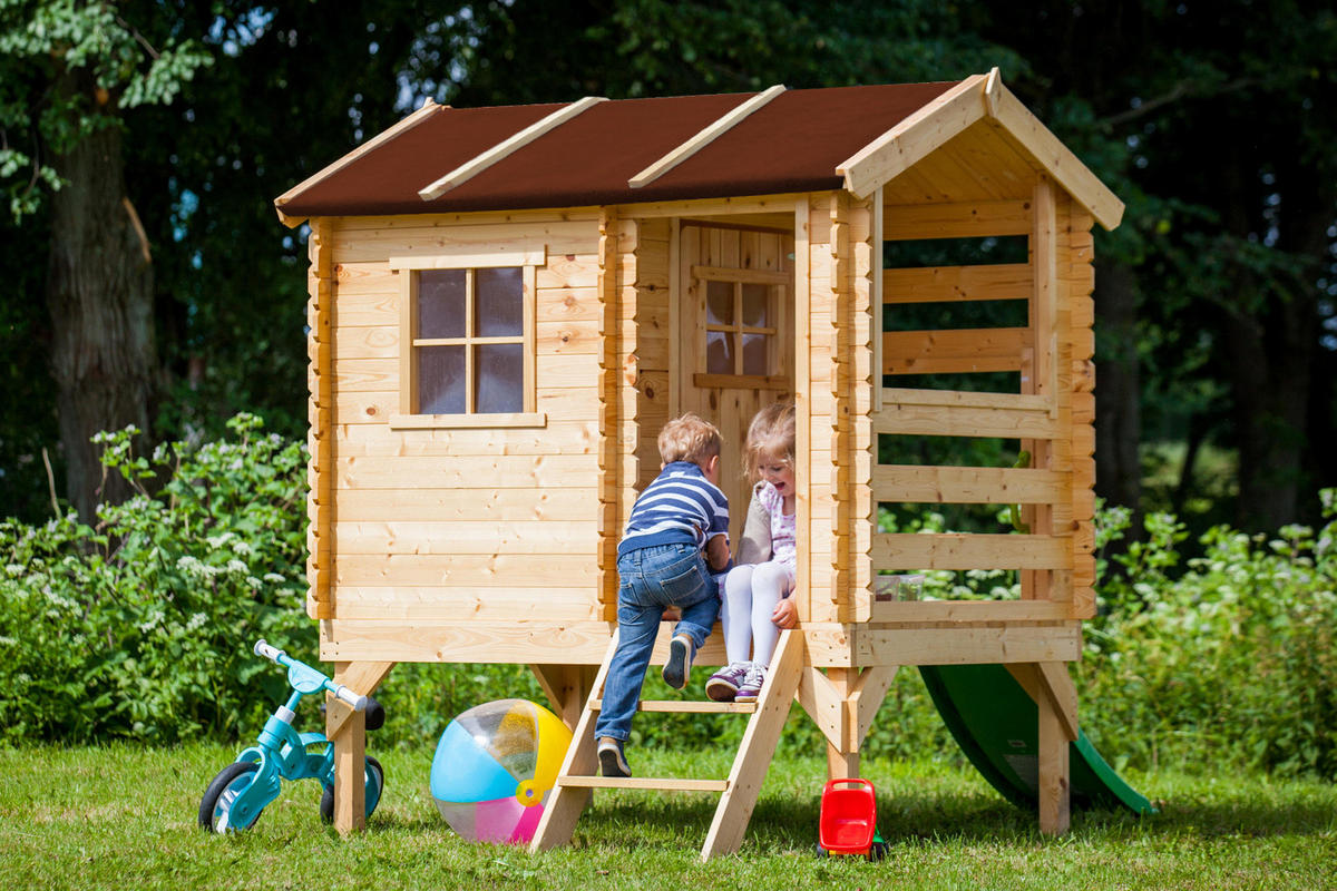 STELZENHAUS mit Rutsche aus Holz - B146xL182xH205 cm/1,1m2 - M501C - Beige, Holz (146/205/182cm) - Timbela