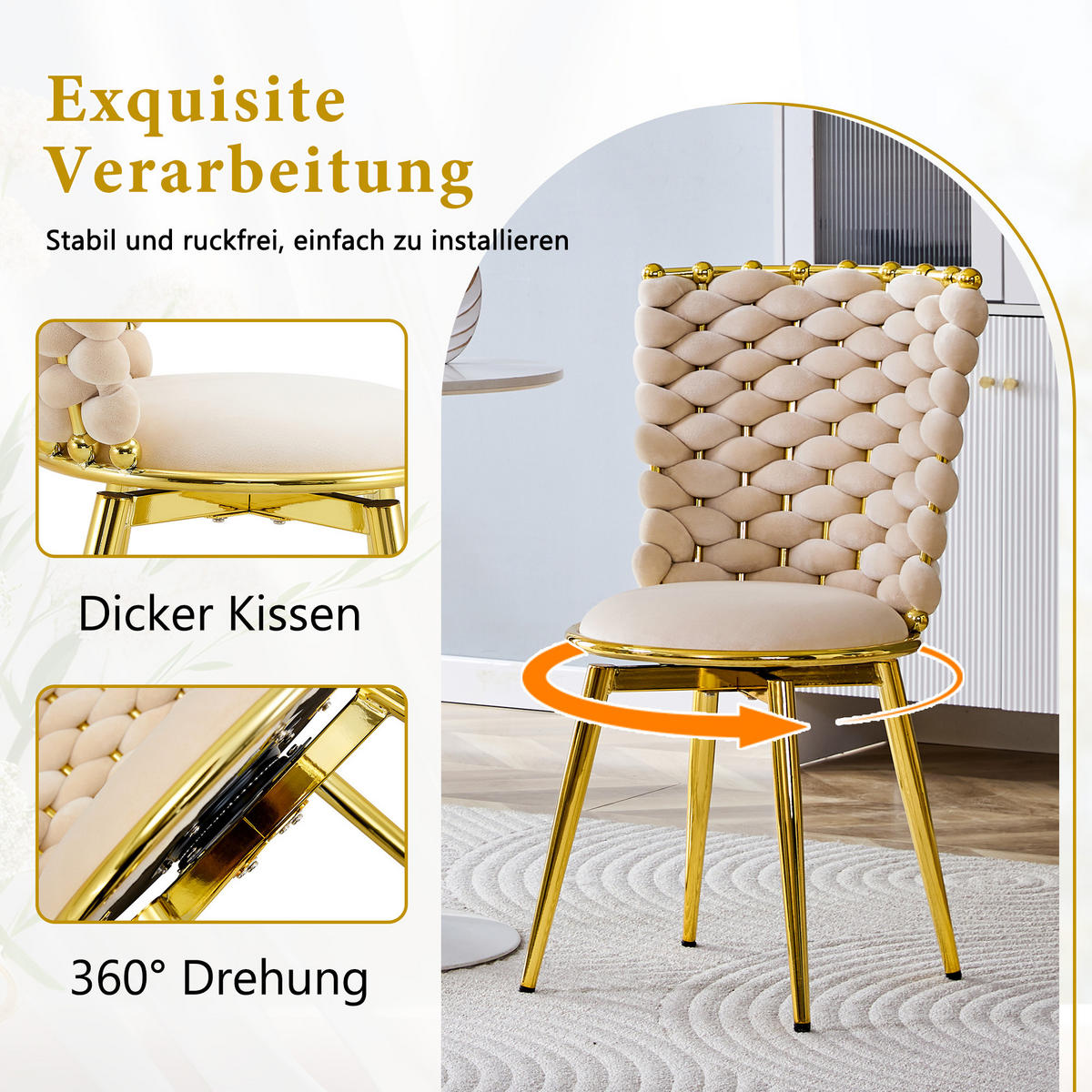 STUHL-SET DE-36805 2 Stück mit geflochtener Rückenlehne Beige - Beige, Metall (50.8/87.63/53cm) - ComfortXL