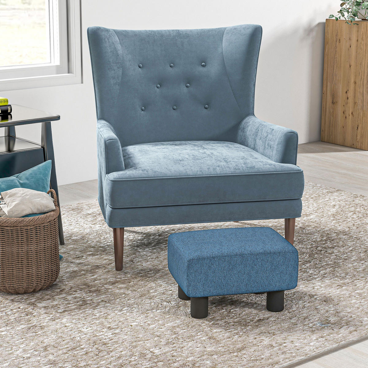 POUF DE-16384 gepolstert mit Leinenbezug Dunkelblau - Blau, Textil (30/24/40cm) - ComfortXL