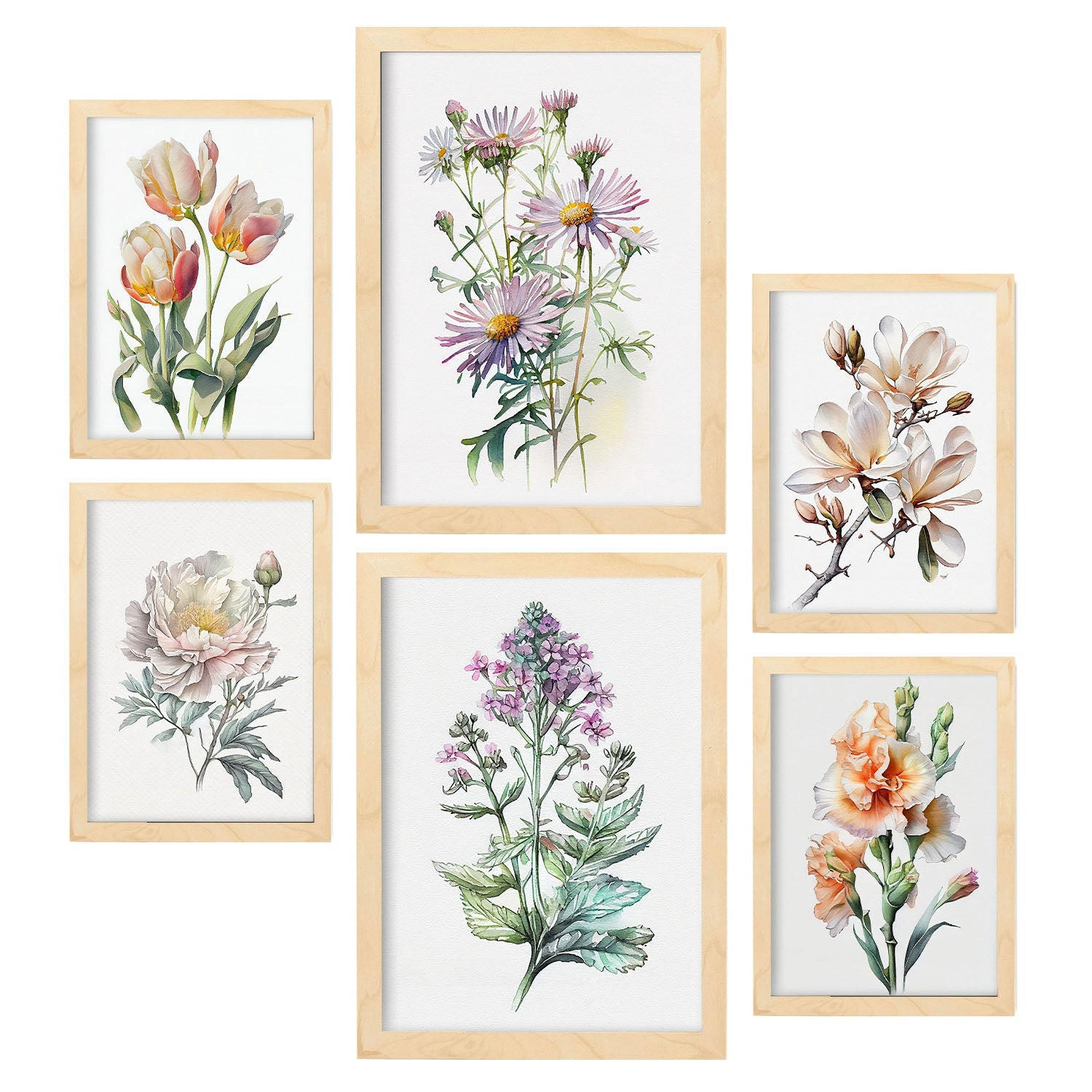POSTER Set Mit 6 Blumensträuße Vollfarbige Natur Und Botanikdrucke Mit Blumenmotiven Auf Reinweißen Hintergründen A3 & A4 Rahmen Aus Hellem Holz - Beige, Papier (29/3cm) - Nacnic