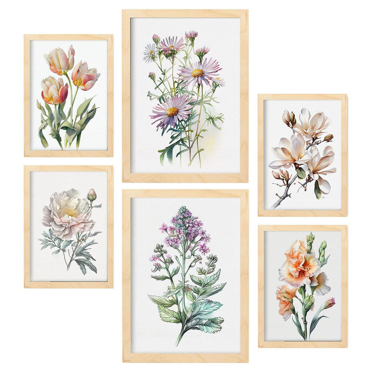 POSTER Set Mit 6 Blumensträuße Vollfarbige Natur Und Botanikdrucke Mit Blumenmotiven Auf Reinweißen Hintergründen A3 & A4 Rahmen Aus Hellem Holz - Beige, Papier (29/3cm) - Nacnic