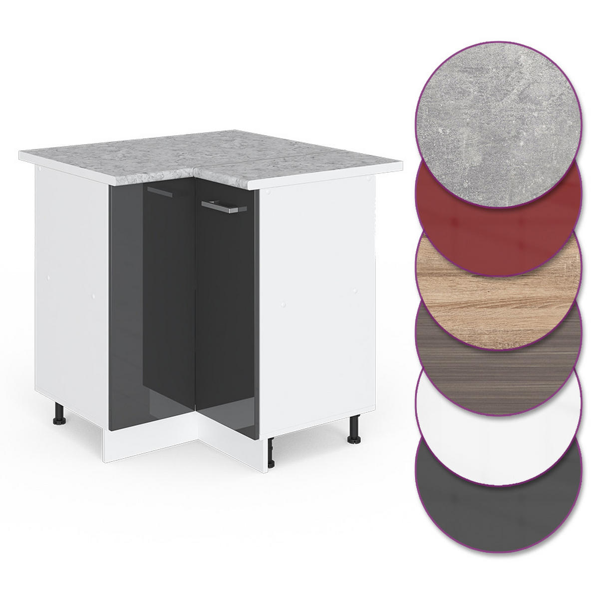 ECKUNTERSCHRANK R-Line Anthrazit Hochglanz 75.6 cm, AP Marmor - Schwarz Hochglanz/Anthrazit, Holzwerkstoff (75.6/81.6/60cm) - Vicco