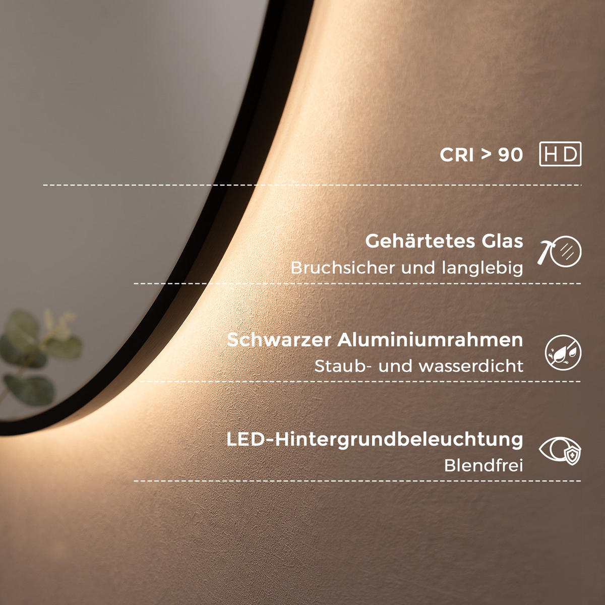 BADSPIEGEL mit Beleuchtung 60 cm rund schwarz mit Aluminiumrahmen, LED dimmbar und Antibeschlag - Schwarz, Glas (60/60/3.3cm) - S'AFIELINA