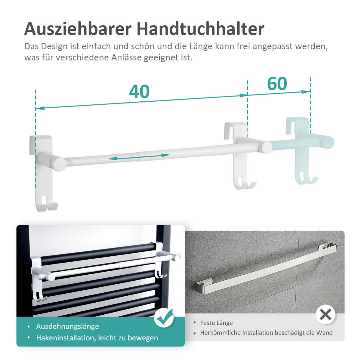 HANDTUCHHALTER Ohne Bohren Edelstahl Weiß 63 cm - Weiß, Metall (63/10/10cm) - EMKE