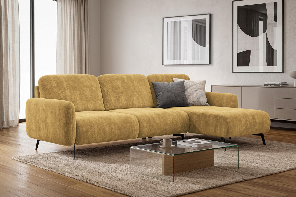 ECKSOFA FEBE 4-Sitzer RECHTS, safranfarbener Chenille-Stoff - Gelb/Schwarz, Holz/Textil (264/157cm) - Wozimo