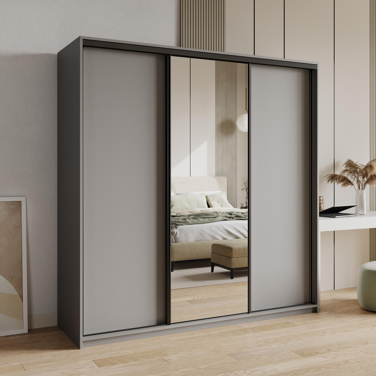 SCHWEBETÜRENSCHRANK TAVI 200/205/60 cm 3-türig mit Spiegel Graphitfarben - Graphitfarben, Holzwerkstoff (200/205/60cm) - MASSENO