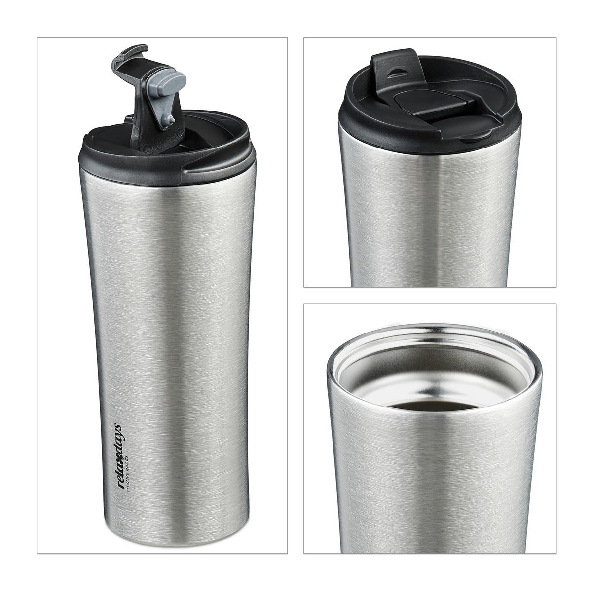 THERMOBECHER - Silberfarben, Kunststoff/Metall (0.4L) - Relaxdays