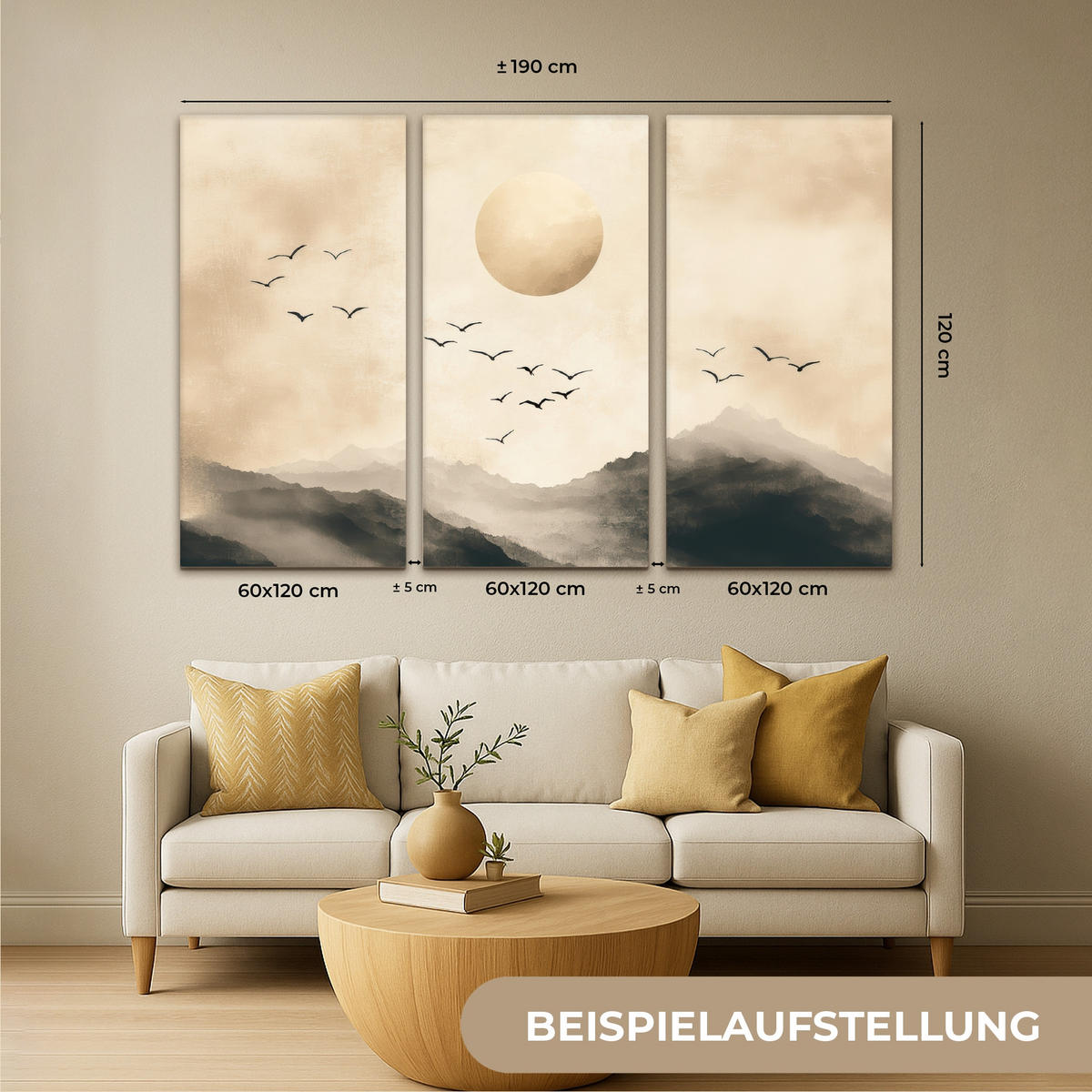 LEINWANDBILD 3er Set Landschaft - Japandi - Beige - Vögel 180x120 cm - Beige, Textil (180/120cm) - MuchoWow