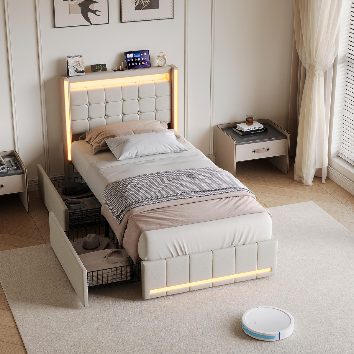 POLSTERBETT 90x200 cm Beige mit LED, Stauraum-Kopfteil & 2 Schubladen - Beige, Holz (90/200cm)
