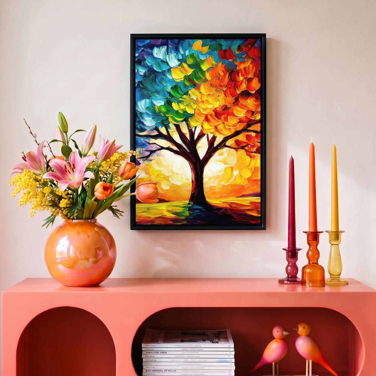 LEINWAND Bilder mit Rahmen - Baum - Kunst - Natur - Sonnenuntergang - 20x30 - Multicolor, Textil (20/30cm) - MuchoWow