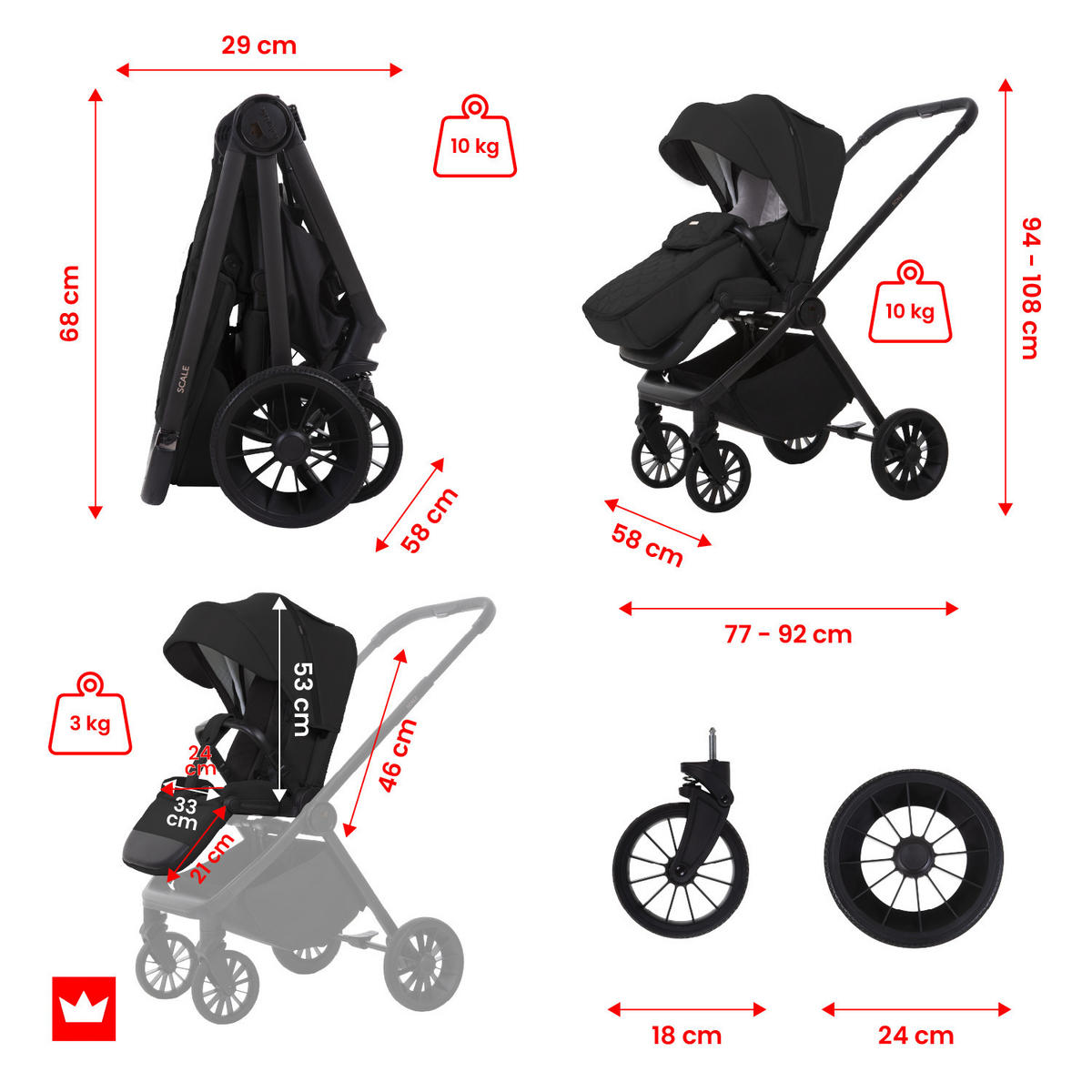 BUGGY Scale, Klein und Leicht, Teleskopische Führung, Kompakt Faltbar, Wickeltasche, Reisetasche - Schwarz, Textil/Metall (58/100cm) - BabyLux