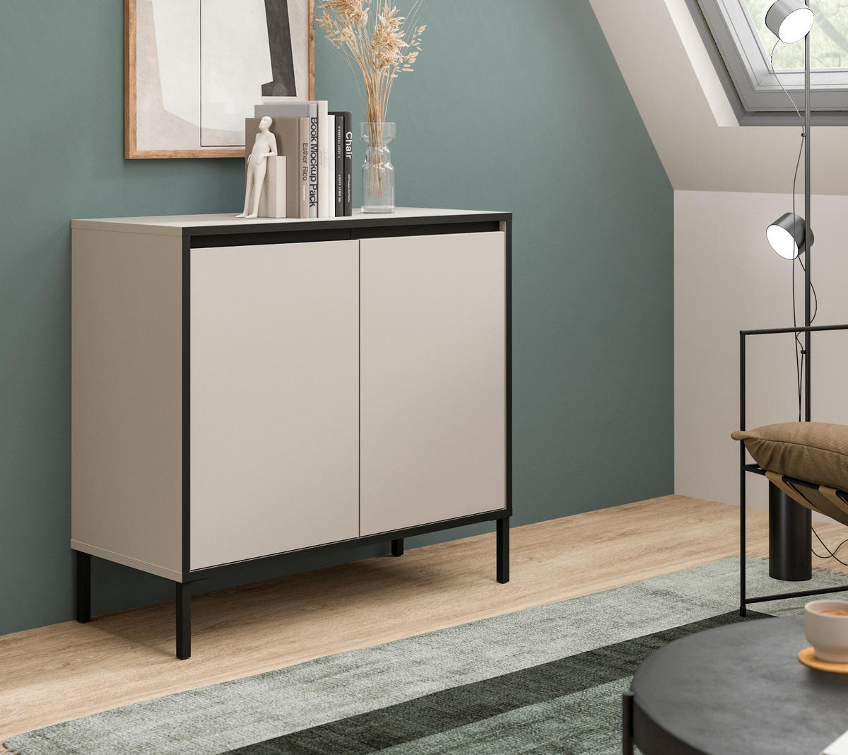 KOMMODE Sand / Kaschmit mit Schwarz, 2-türiges Sideboard mit 4 Fächern 92 x 83 cm - Sandfarben/Kaschmir, Holzwerkstoff/Metall (83/83/38cm) - Inn.Furn