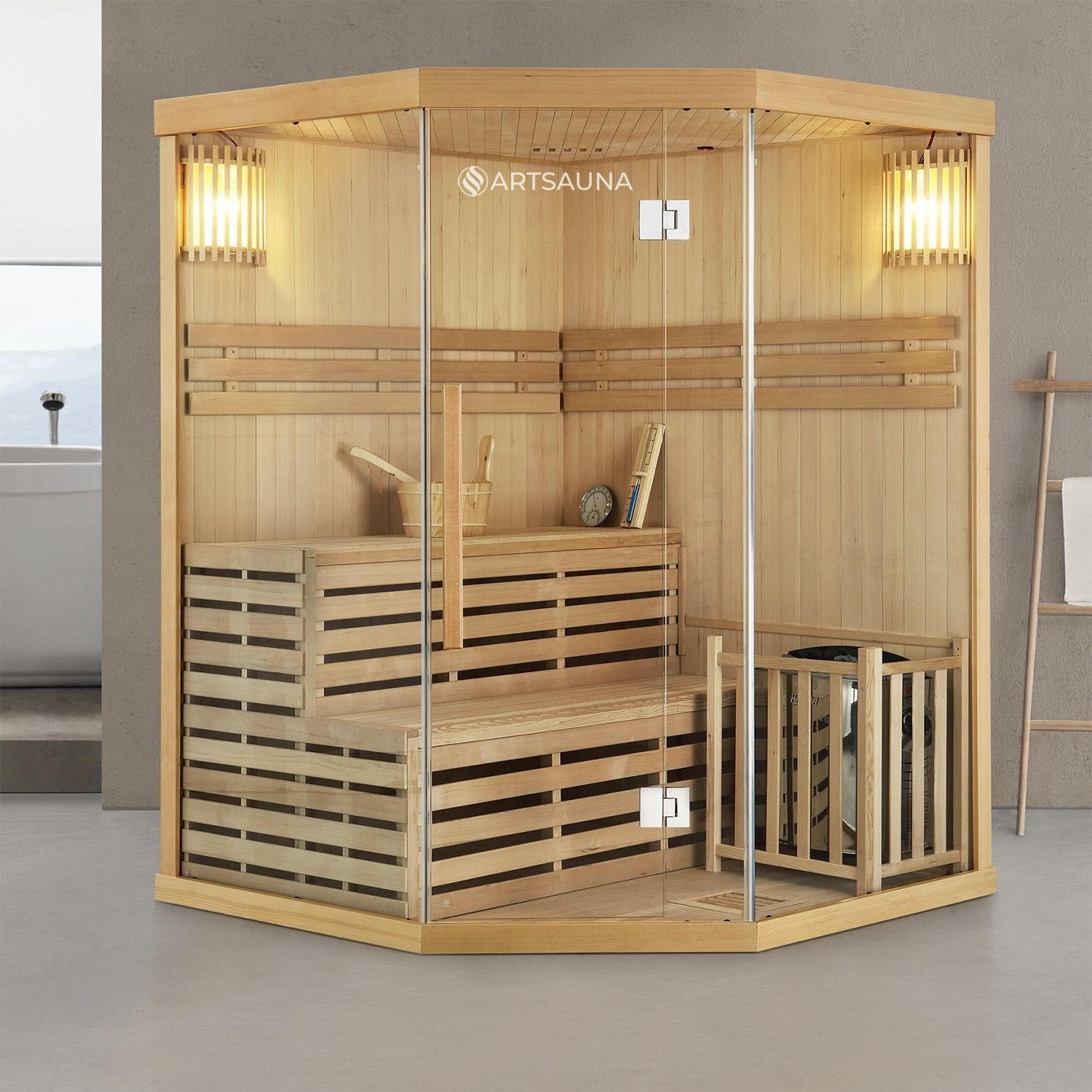 SAUNAKABINE Finnische Sauna Espoo150 Premium - Naturfarben, Holz (150/200/150cm) - Artsauna