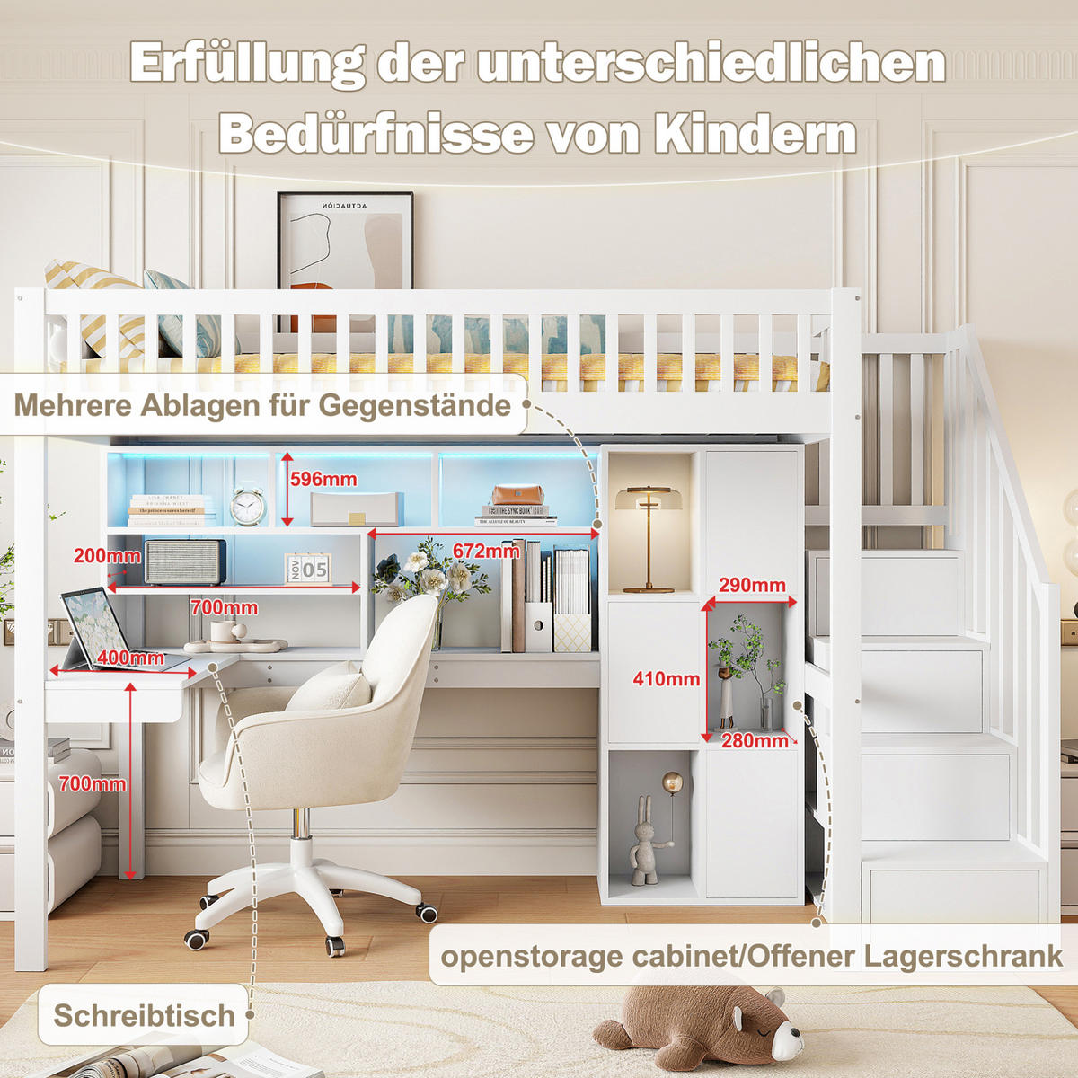 HOCHBETT 90/200 cm, Weiß mit Schreibtisch, LED, Ablageleiter, ohne Matratze - Weiß, Holz (90/200cm) - MIVRAY