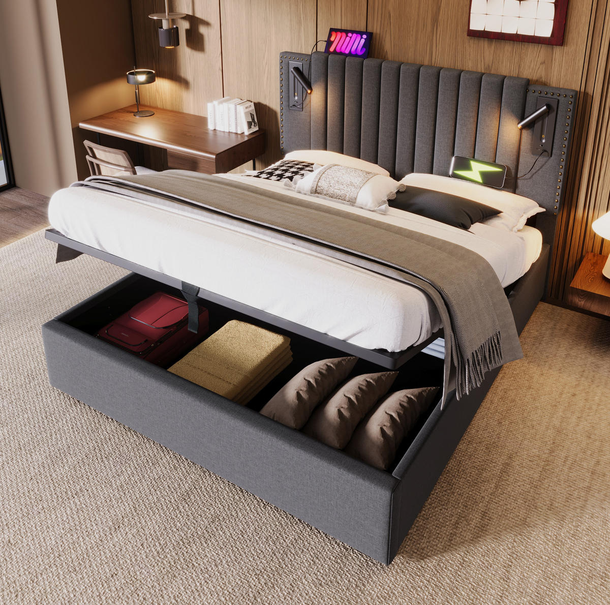 POLSTERBETT 160/200 cm mit Bettkasten, Matratze, Leselicht, USB- und USB-C-Anschlüssen, höhenverstellbarem Kopfteil, Grau - Grau, Textil (160/200cm) - Redom