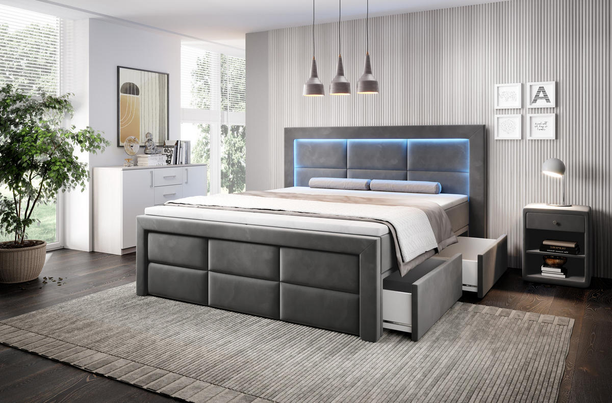 BOXSPRINGBETT Aspen mit Schubladen und Topper, LED-Beleuchtung, Samt, 180x200 cm, Grau - Grau, Holz - PROMETO Möbel