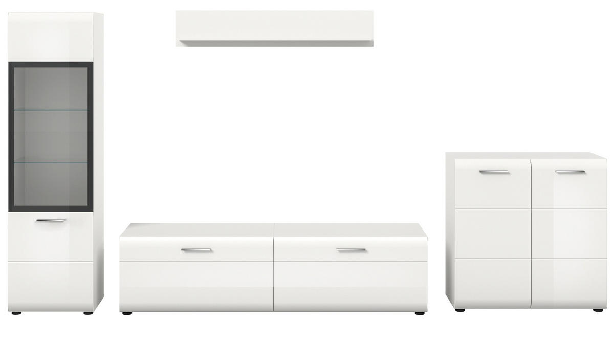 WOHNWAND weiß Hochglanz 4-teilig 315 cm, Schrankwand mit viel Stauraum - Weiß Hochglanz/Silberfarben, Glas/Holzwerkstoff (315/160/41cm) - Inn.Furn