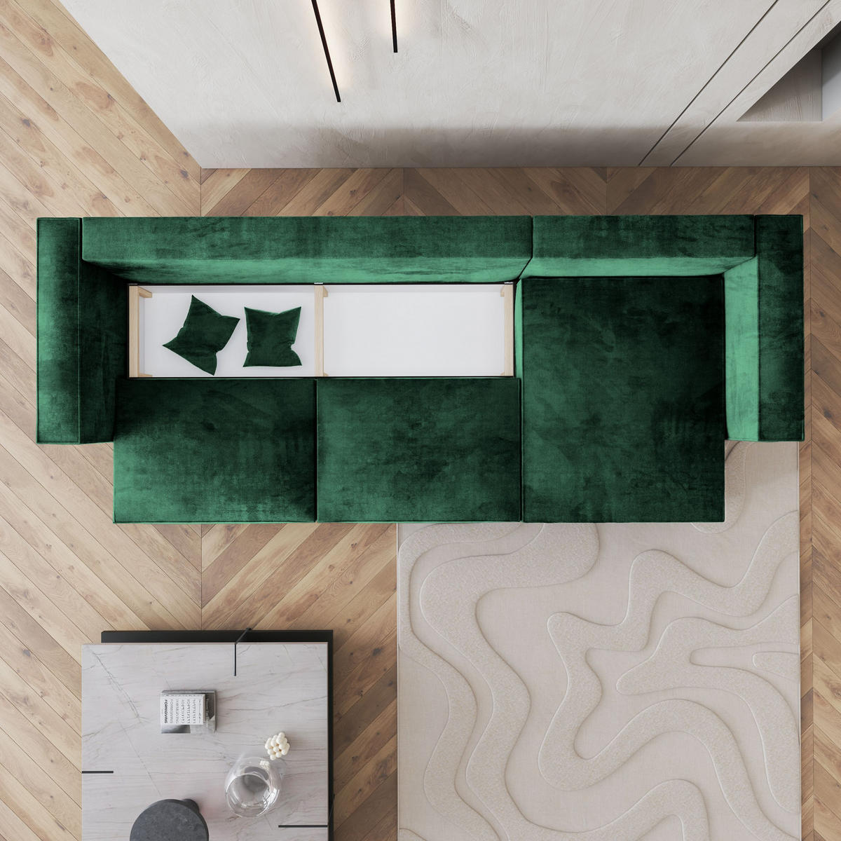 ECKSOFA TOLMO M Grün Velours-Stoff mit Schlaffunktion - Grün, Holz (347/148cm) - MASSENO