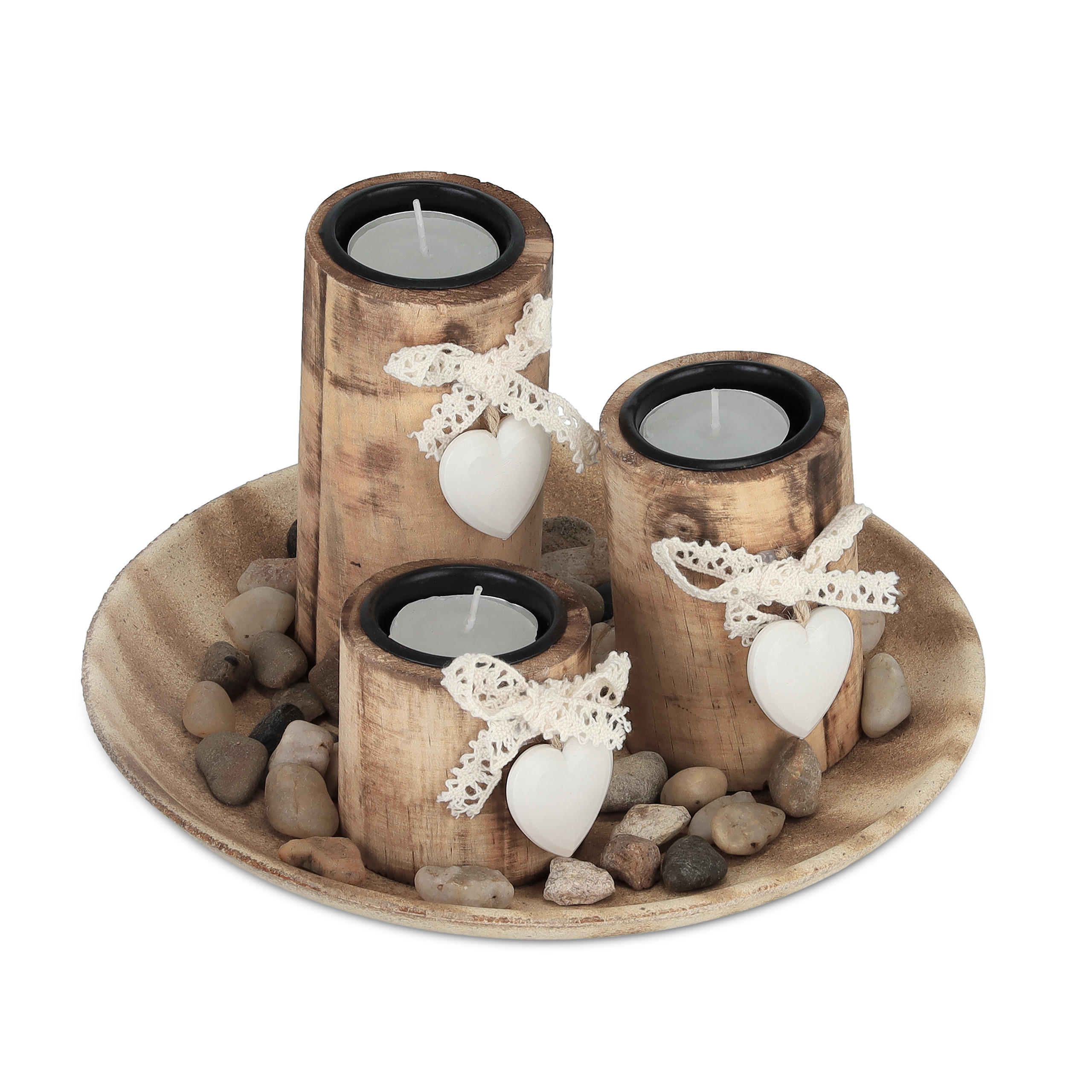 Relaxdays SVÍCEN Přírodní Bílá 3ks-Set s dekorační miskou borovicové dřevo výška 13 cm