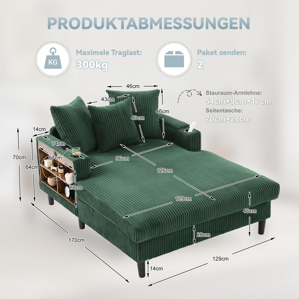 CHAISELONGUE mit LED, USB und Stauraum 129 x 170 cm Cord Emerald - Smaragdgrün, Holz (170/70/129cm) - Meubliv