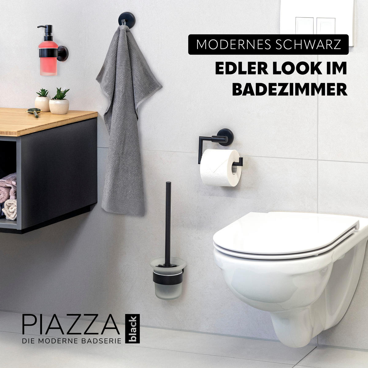 BADEZIMMER-ZUBEHÖR-SET PIAZZA BLACK 4tlg, Edelstahl, schwarz - Schwarz, Metall (14.5/35/11.5cm) - bremermann
